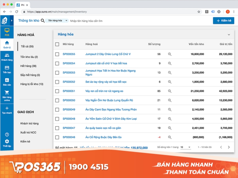 Suno.vn - giải pháp thống kê lượng hàng hóa trong kho