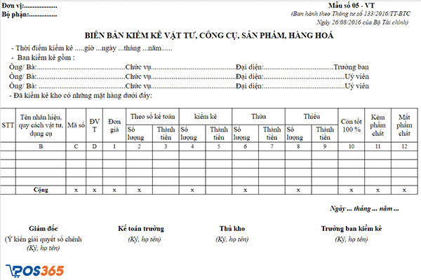 Mẫu biên bản kiểm kê hàng tồn kho theo thông tư 133/2016/TT-BTC