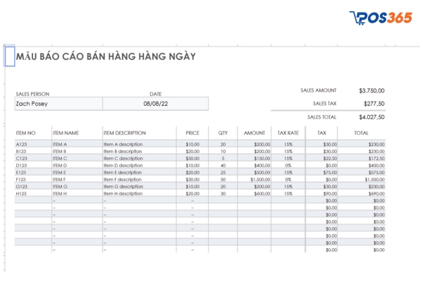 Mẫu báo cáo bán hàng theo ngày